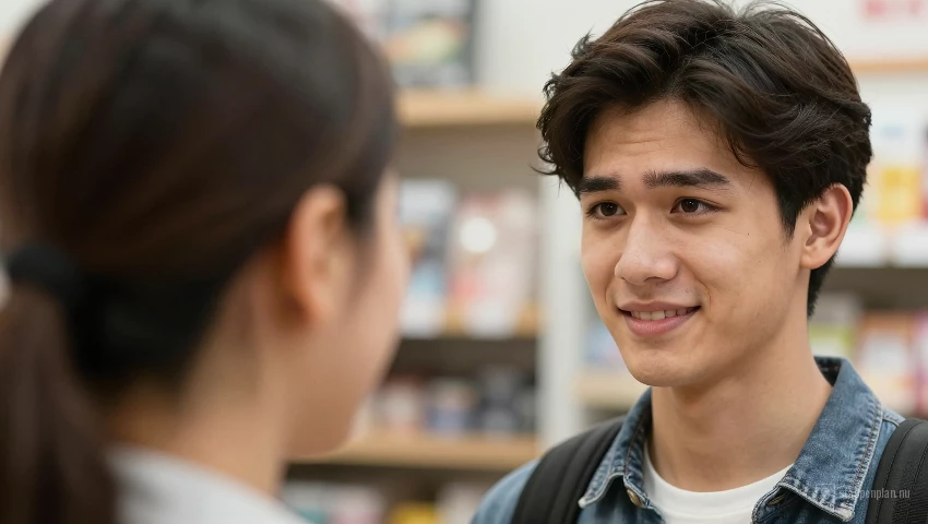 Jonge man maakt oogcontact met winkelbediende.