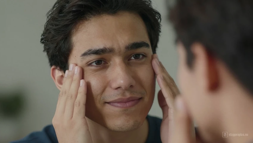 Jonge man kijkt in spiegel, oefent zelfacceptatie.