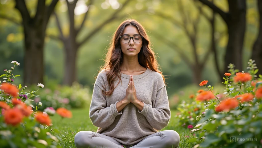 Vrouw die mindfulness oefent in een vredige tuin.