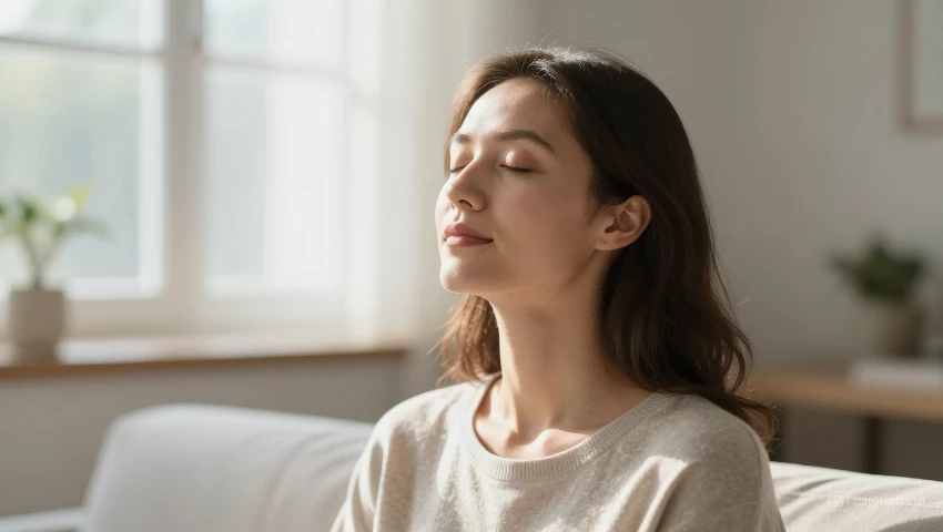 Vrouw focust op ademhaling, rustig, mindfulness, zonnestraal, serene uitdrukking.