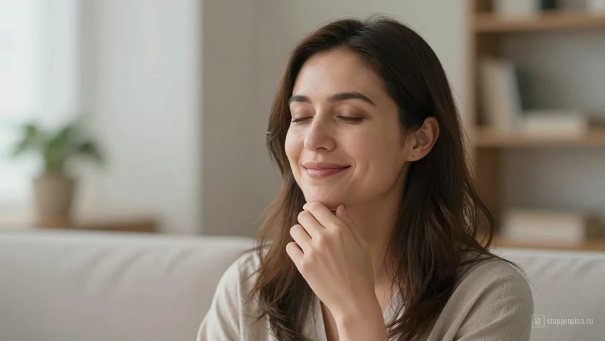 Vrouw accepteert afleiding, keert terug naar ademhaling, mindfulness, rust.