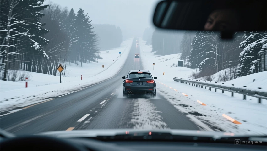 Auto rijdt met ruime afstand tot voorligger in sneeuw.