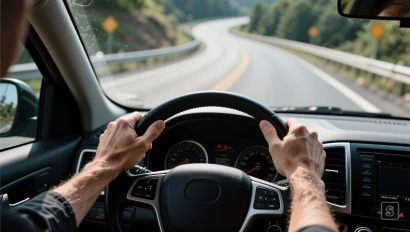 Bestuurder die controle houdt over het stuur op een bochtige weg.