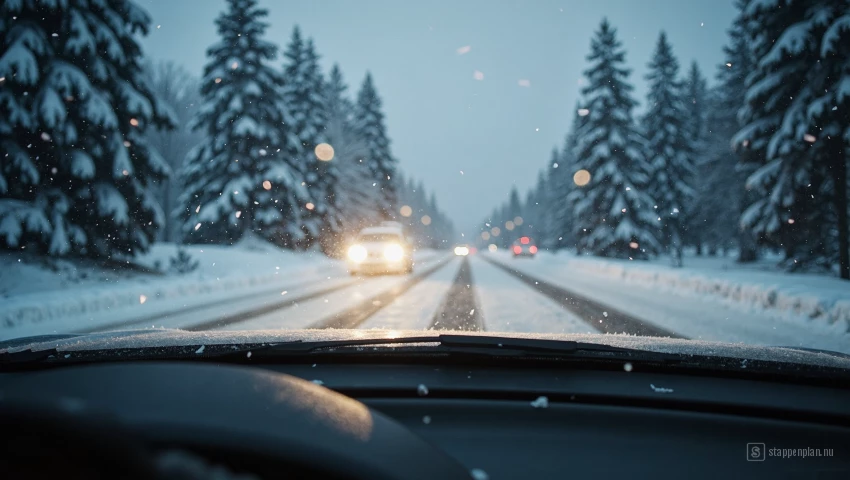Sfeervolle foto van besneeuwde weg gezien vanuit auto.