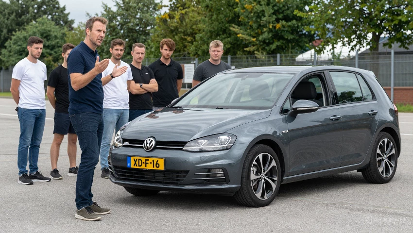 Instructeur geeft uitleg, Volkswagen Golf op de achtergrond.