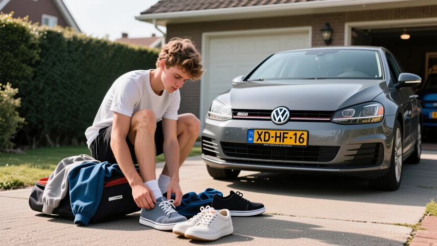 Man pakt spullen in voor slipcursus, Volkswagen Golf.