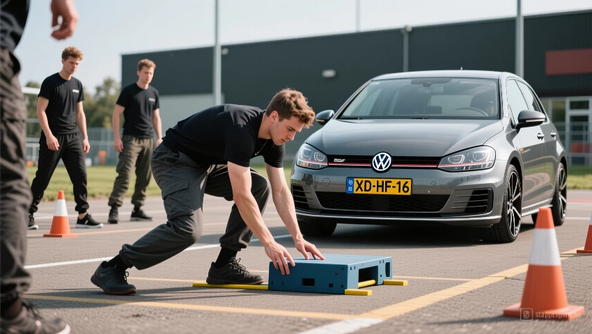 Cursisten oefenen slipcontrole, Volkswagen Golf.