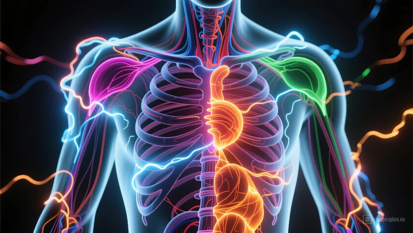 Lichaam met gloeiende energie, emotionele sensaties zichtbaar.