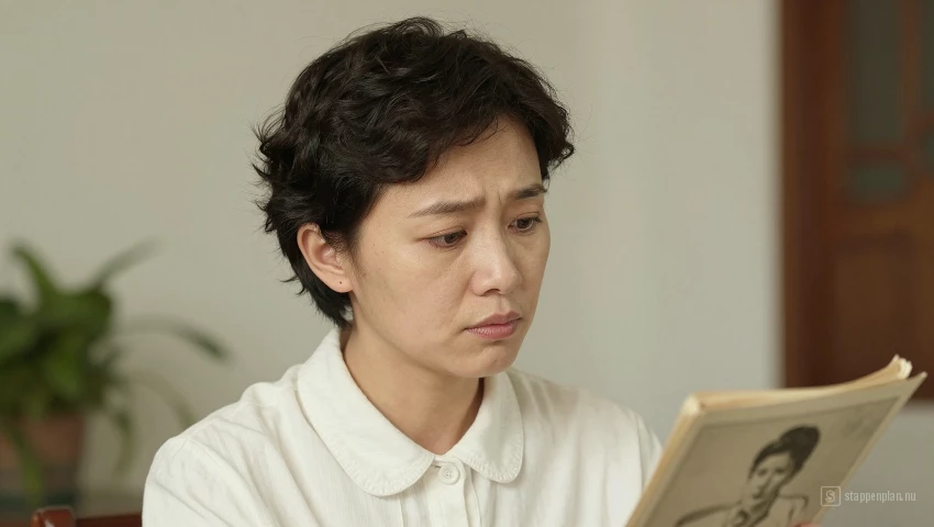 Vrouw bekijkt oude foto, reflectie op jeugdherinnering.