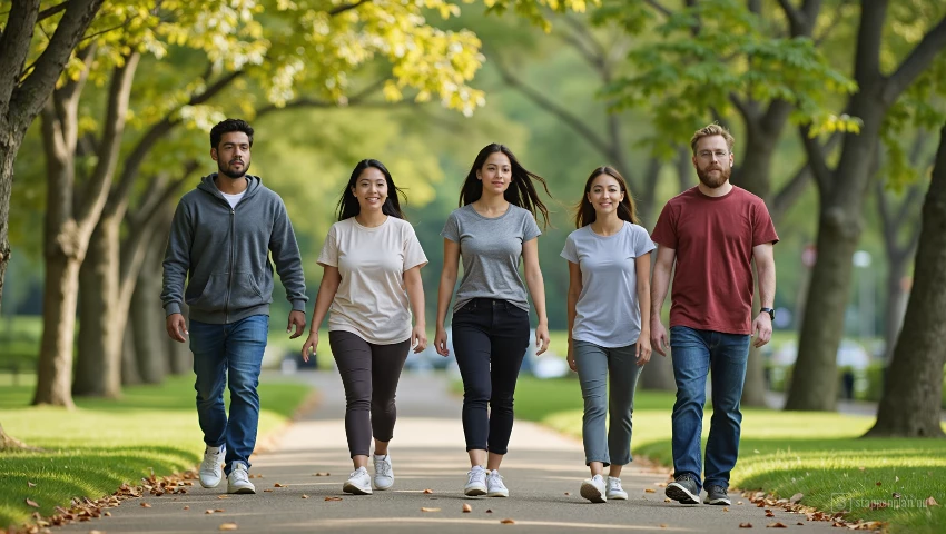 Groep beoefent mindfulness tijdens wandelen.