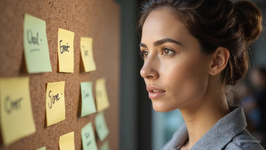 Vrouw analyseert emotionele triggers op prikbord.