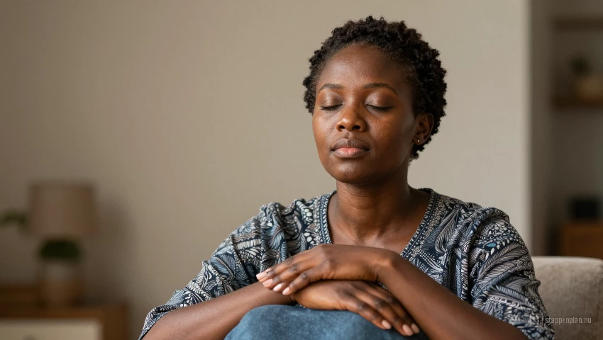 Vrouw beoefent ademhalingsoefeningen in rust.