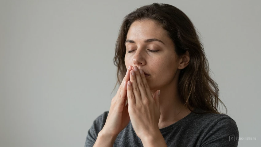 Vrouw beoefent mindfulness, focust op lichaam en signalen.