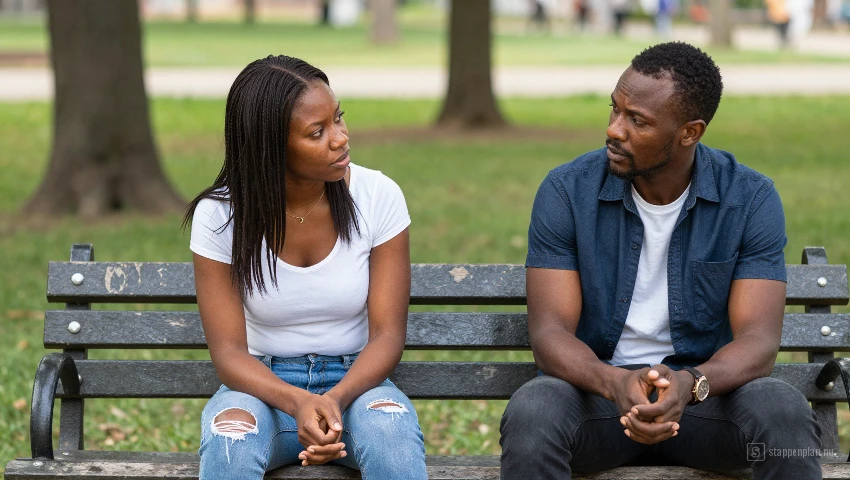 Koopel zit op bankje, bespreekt het verleden.