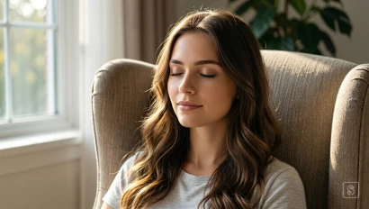 Vrouw in fauteuil, ogen gesloten, beoefent mindfulness.
