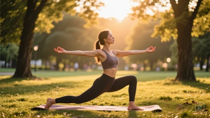 Vrouw die yoga beoefent in een park bij zonsondergang.