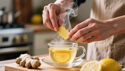 Handen die gemberthee bereiden.