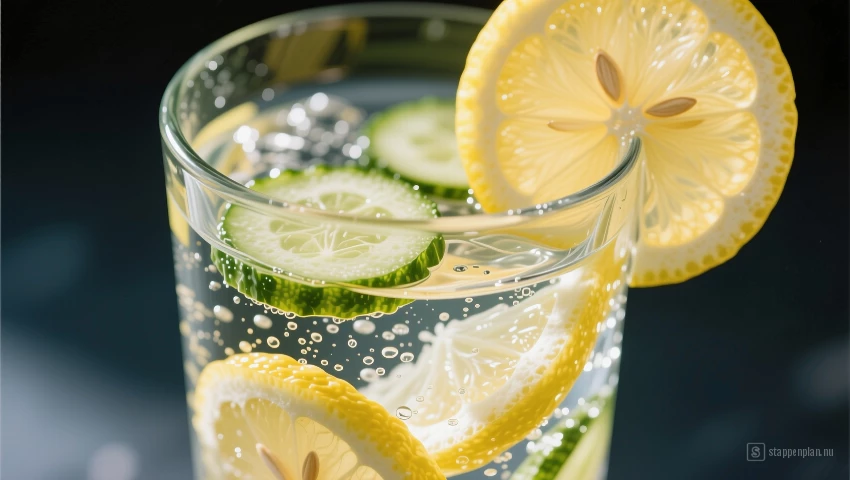 Glas water met citroen en komkommer.