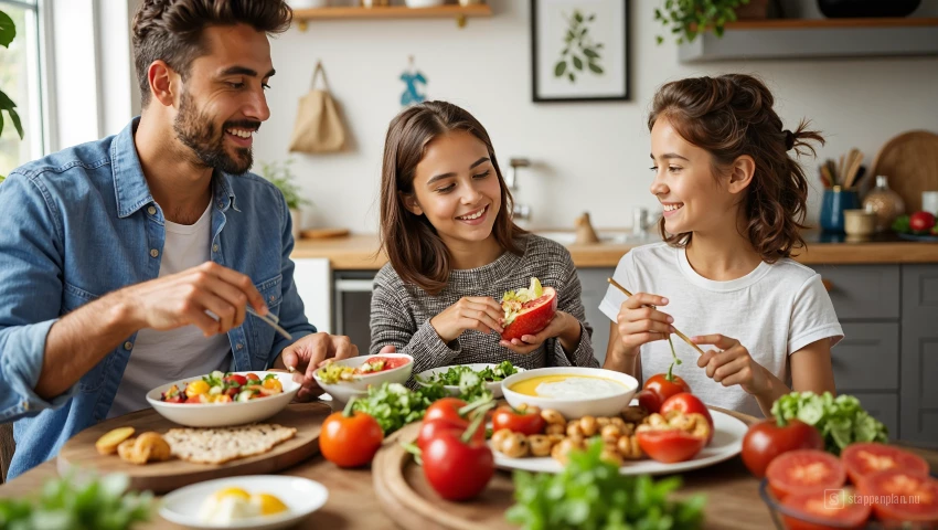 Gezond familiediner met veel fruit en groenten.